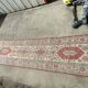 Handmade wool gallery carpet, geometric décor beige and red background, 3 m