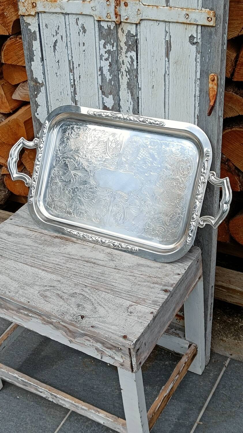 Silver metal serving tray