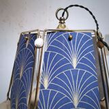 Table lamp, old turned wooden foot, metal lampshade and art deco print