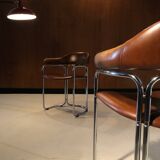 Pair of vintage armchairs, cognac leather and chrome steel 1970