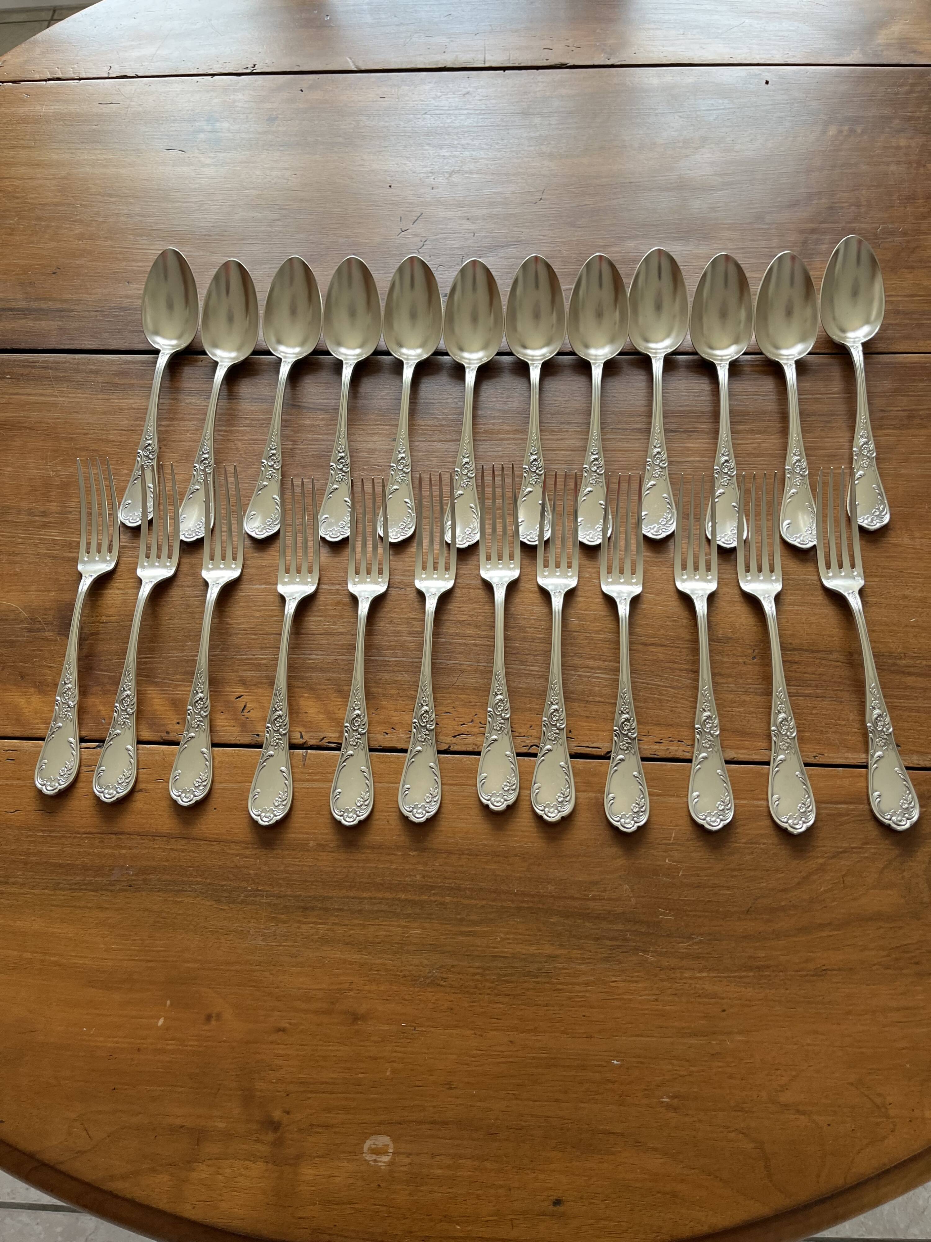 10 antique silver plated metal dessert spoons and forks