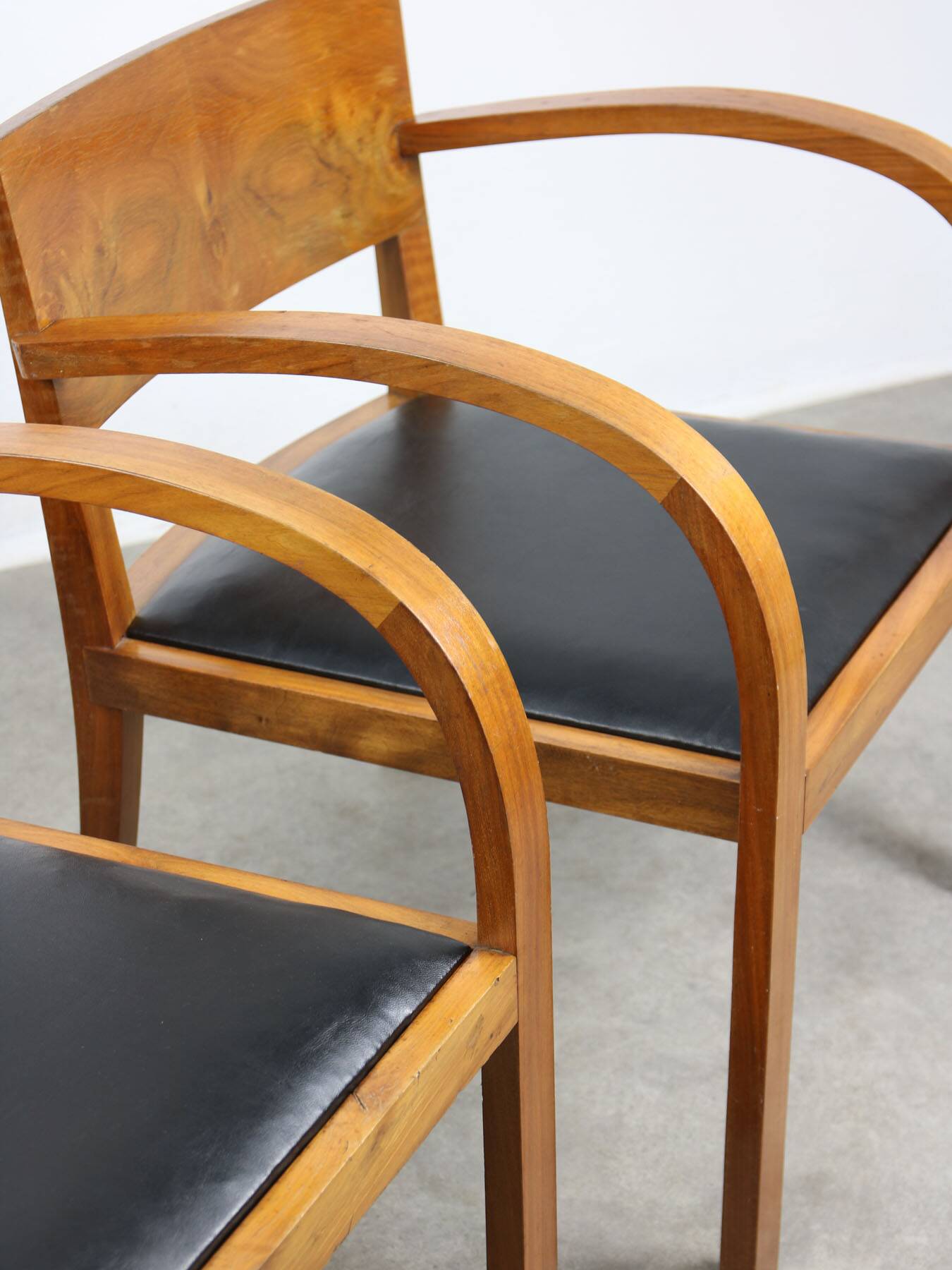 Italian Art Deco Lounge Chairs in Wood & Black Leatherette, set of 2