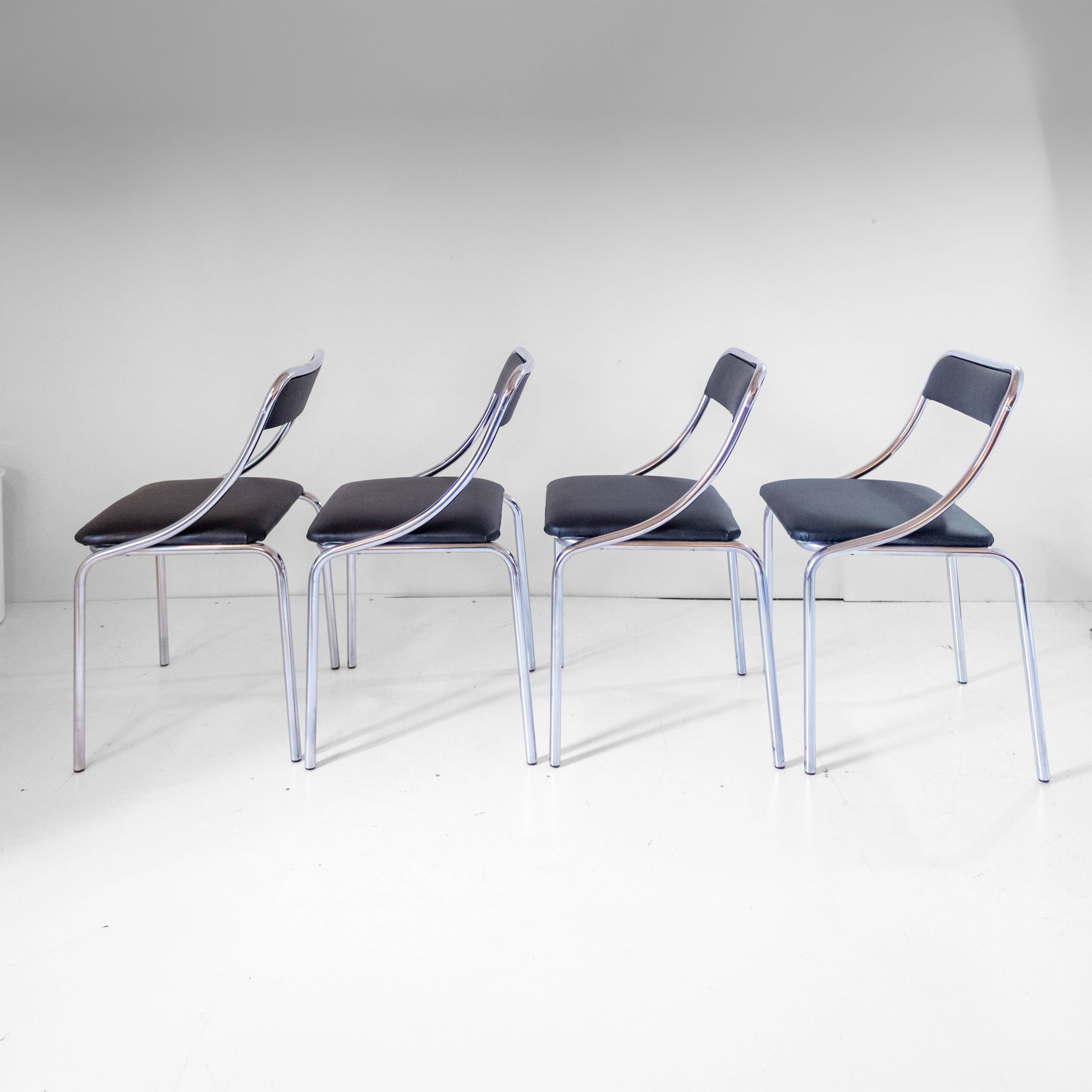 Set of Four Vintage Chromed Dining Chairs, Faux Leather, Italy, 1970