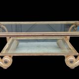 Old large coffee table in gilded wood and glass