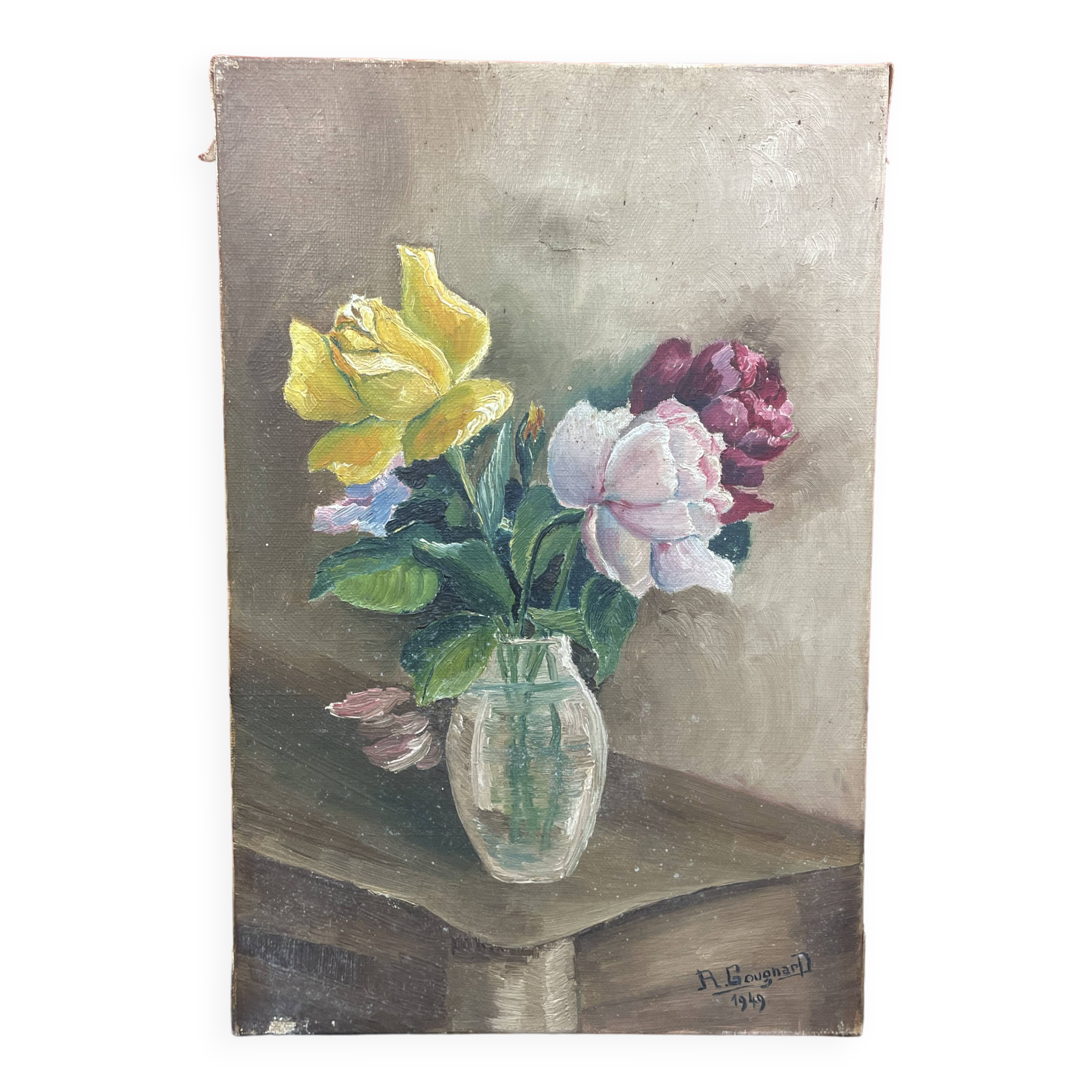 Oil on canvas bouquet - saint-hilaire-des-loges robert gougnard xxth