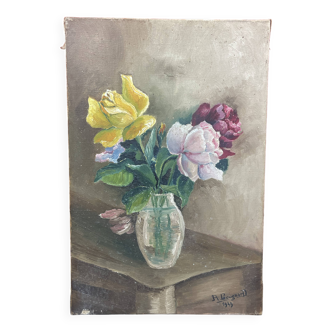 Oil on canvas bouquet - saint-hilaire-des-loges robert gougnard xxth