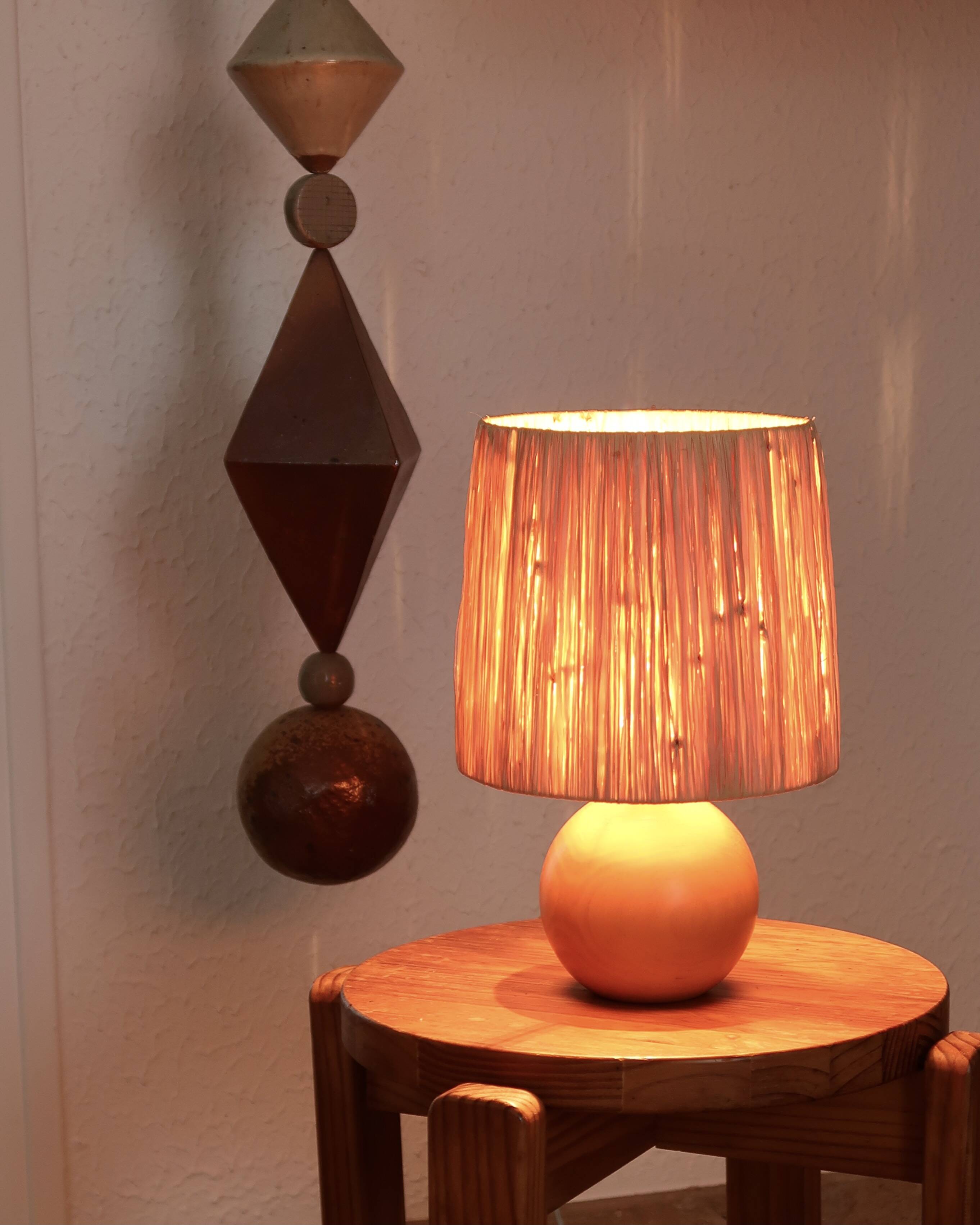 Grey-blue ceramic lamp, raffia lampshade, 1960s