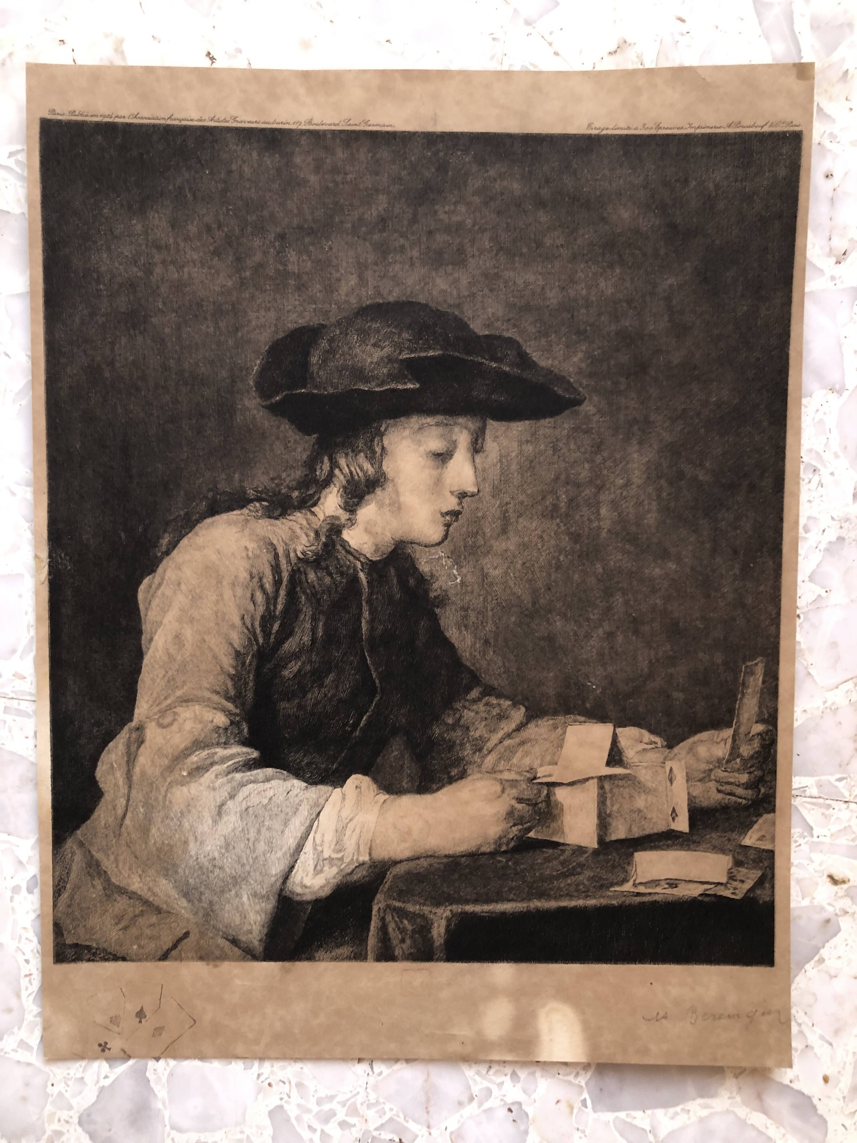 Engraving 1924 le chateau de cartes after chardin, signed berengier pencil, litho etching burin