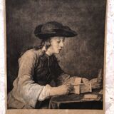 Engraving 1924 le chateau de cartes after chardin, signed berengier pencil, litho etching burin