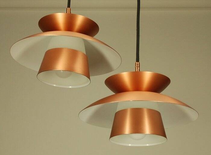 2 Danish pendant lights in copper and glass