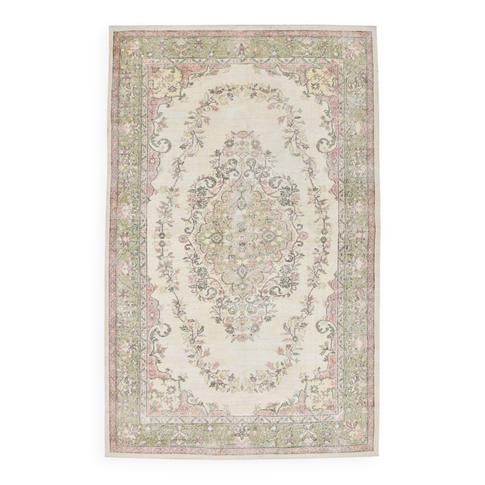 Beige & Green Vintage Persian Rug, Soft Palette Rug, 204x320 Cm