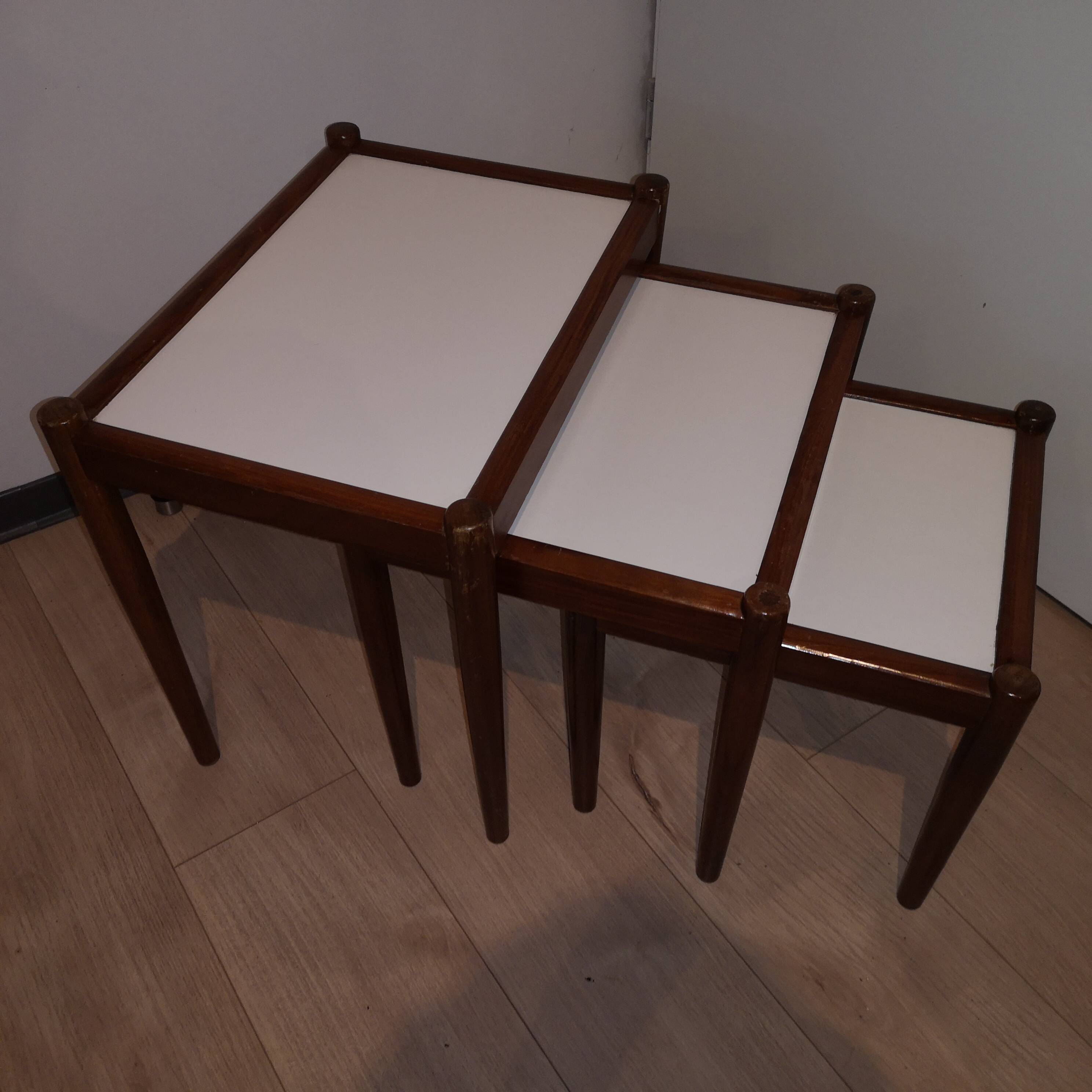 3 vintage Scandinavian white laminated teak nesting tables 1960 1970