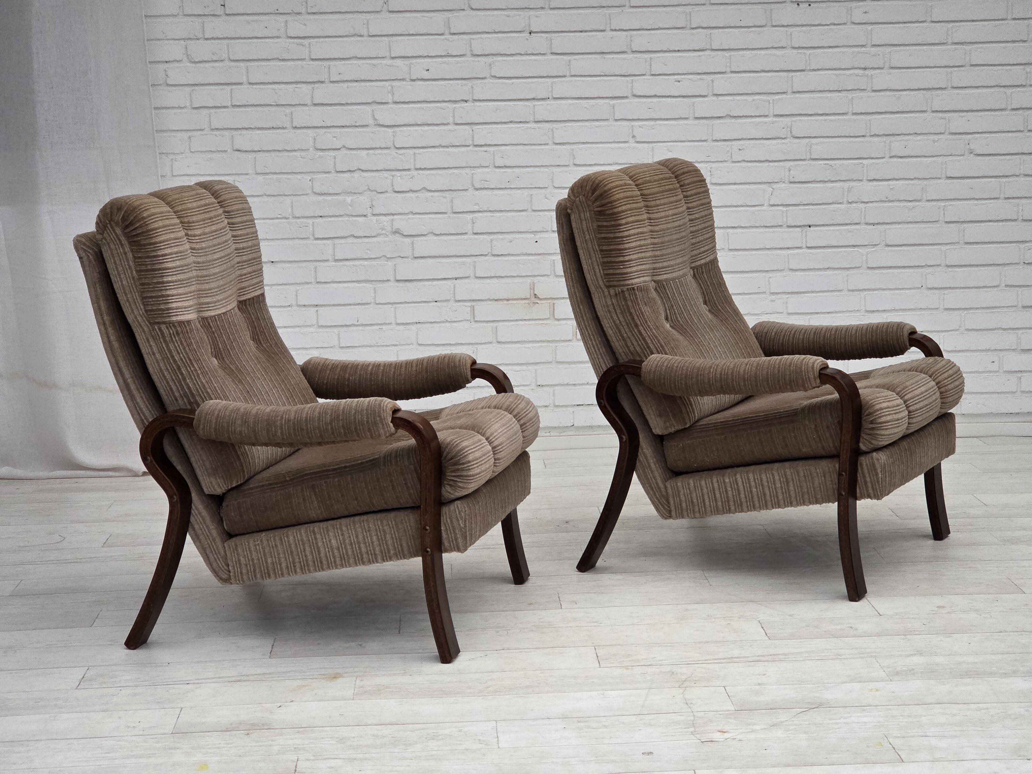 1970s, pair of Danish armchairs, brown furniture corduroy, beech wood.