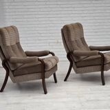 1970s, pair of Danish armchairs, brown furniture corduroy, beech wood.