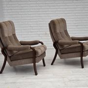 1970s, pair of Danish armchairs, brown furniture corduroy, beech wood.