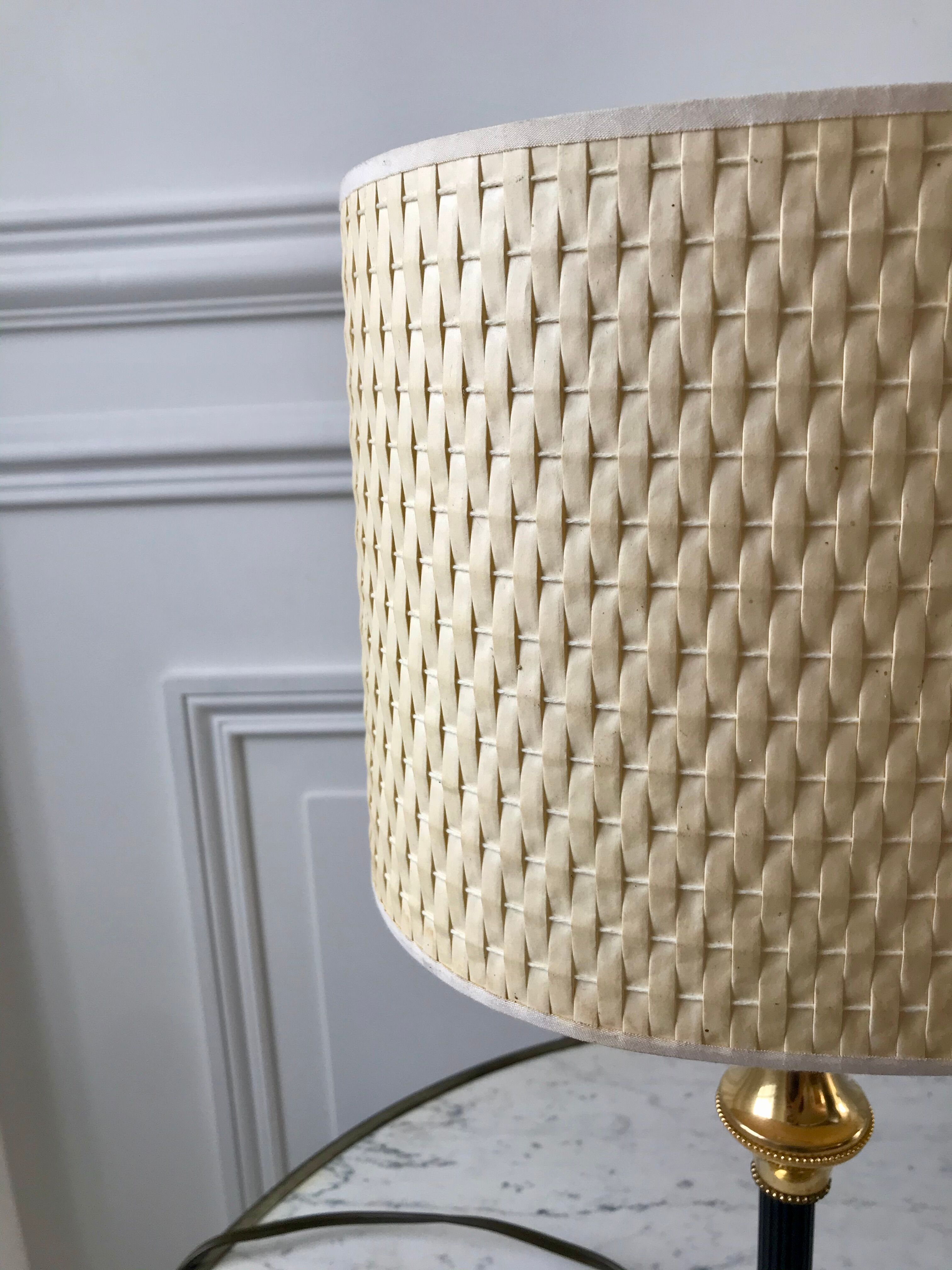 Brass and black metal lamp with woven lampshade woven 50s