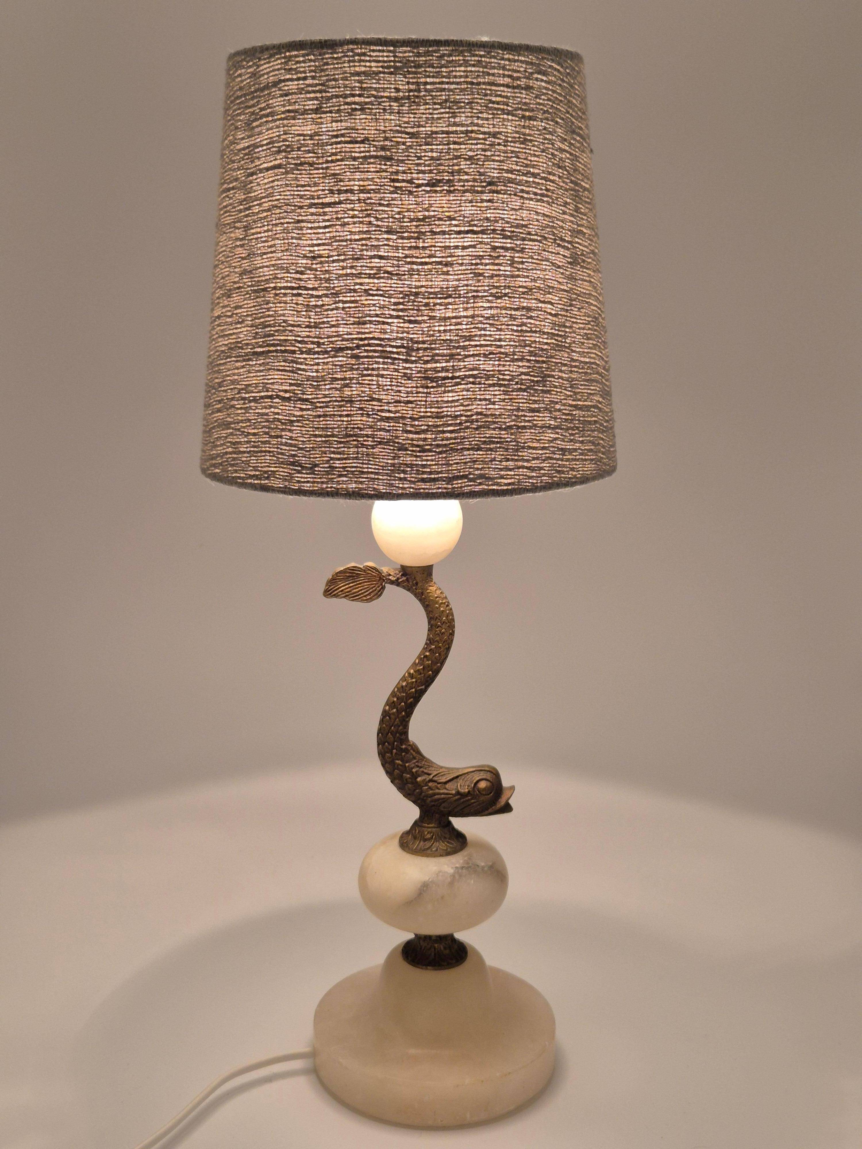Sculptural table lamp in alabaster with fish/dolphin decoration, Swedish Grace