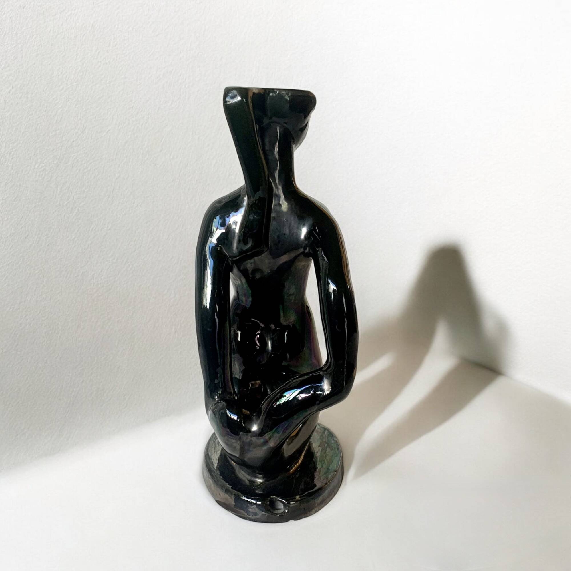 Old Vallauris soliflore vase in pearly black ceramic - female body