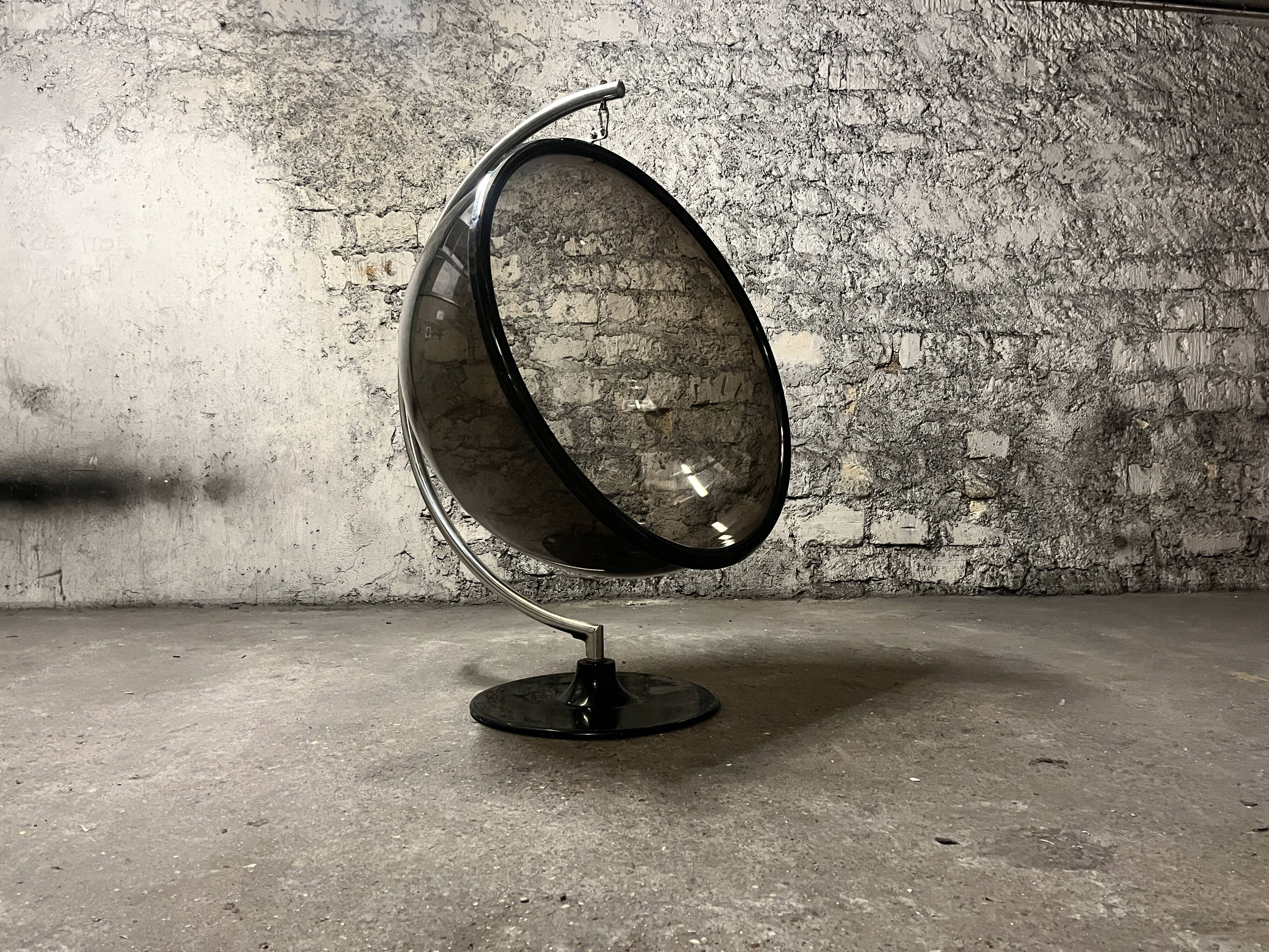 Hanging egg chair in smoked plexiglass, 1970s design