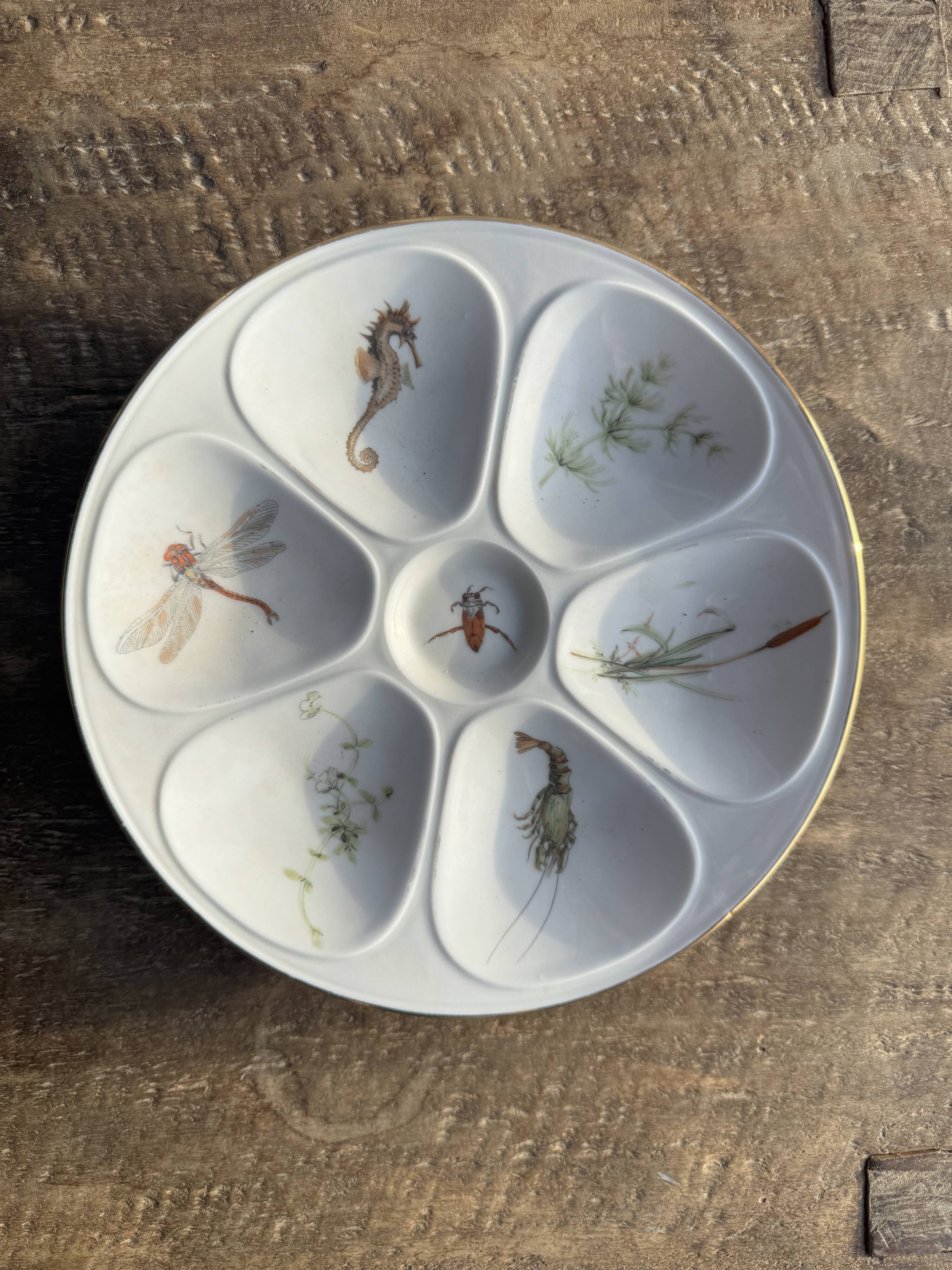 Set of 8 oyster plates or compartment plates, aquatic model Lourioux Fo.