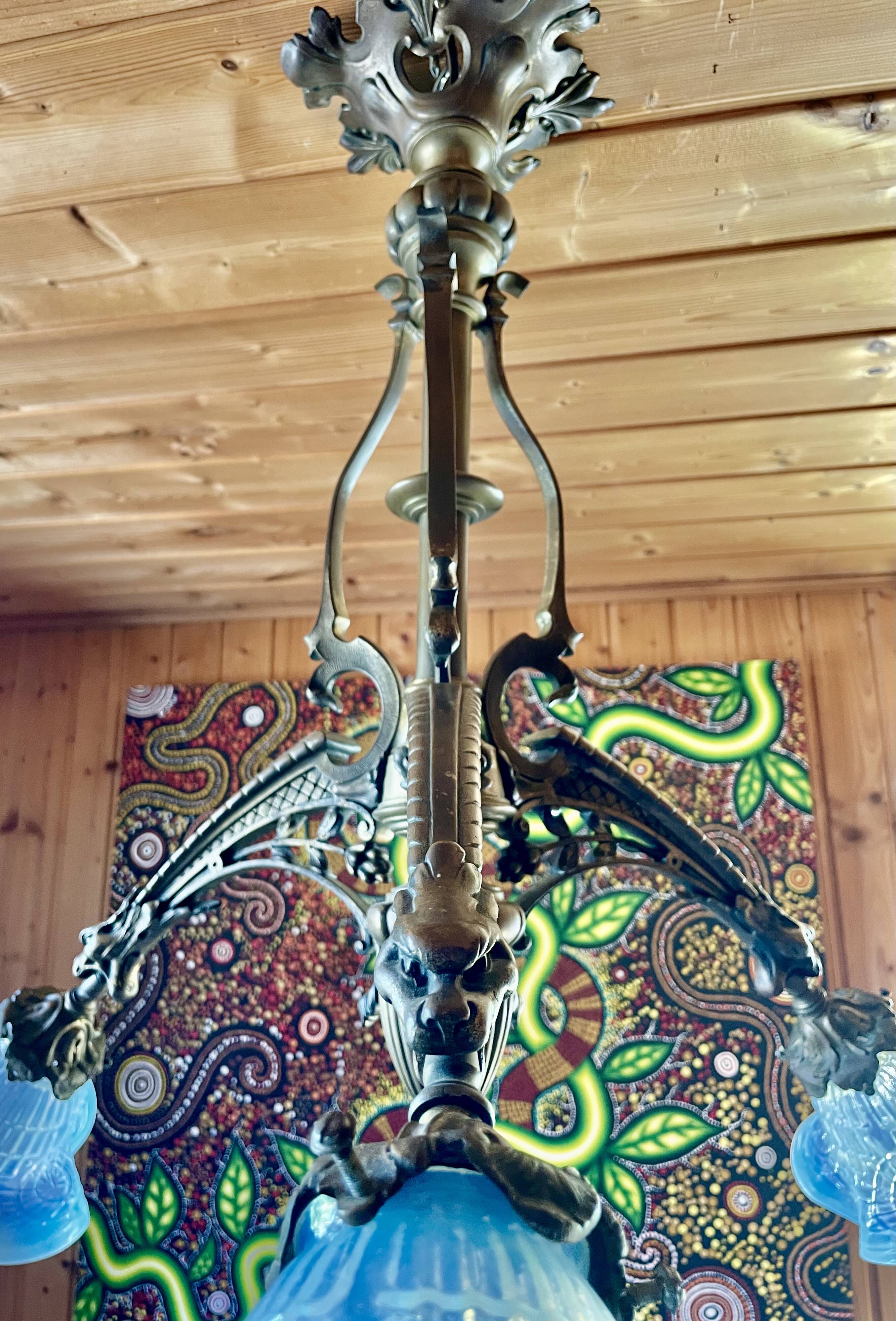 Large bronze chandelier, opaline tulip, early 20th century