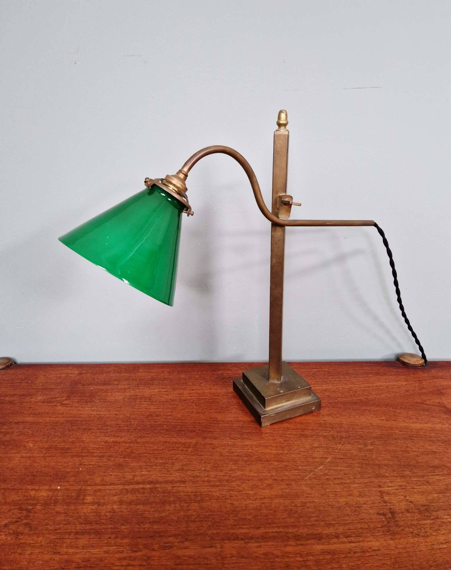 Bronze desk lamp with a green opaline conical shade, 1920.