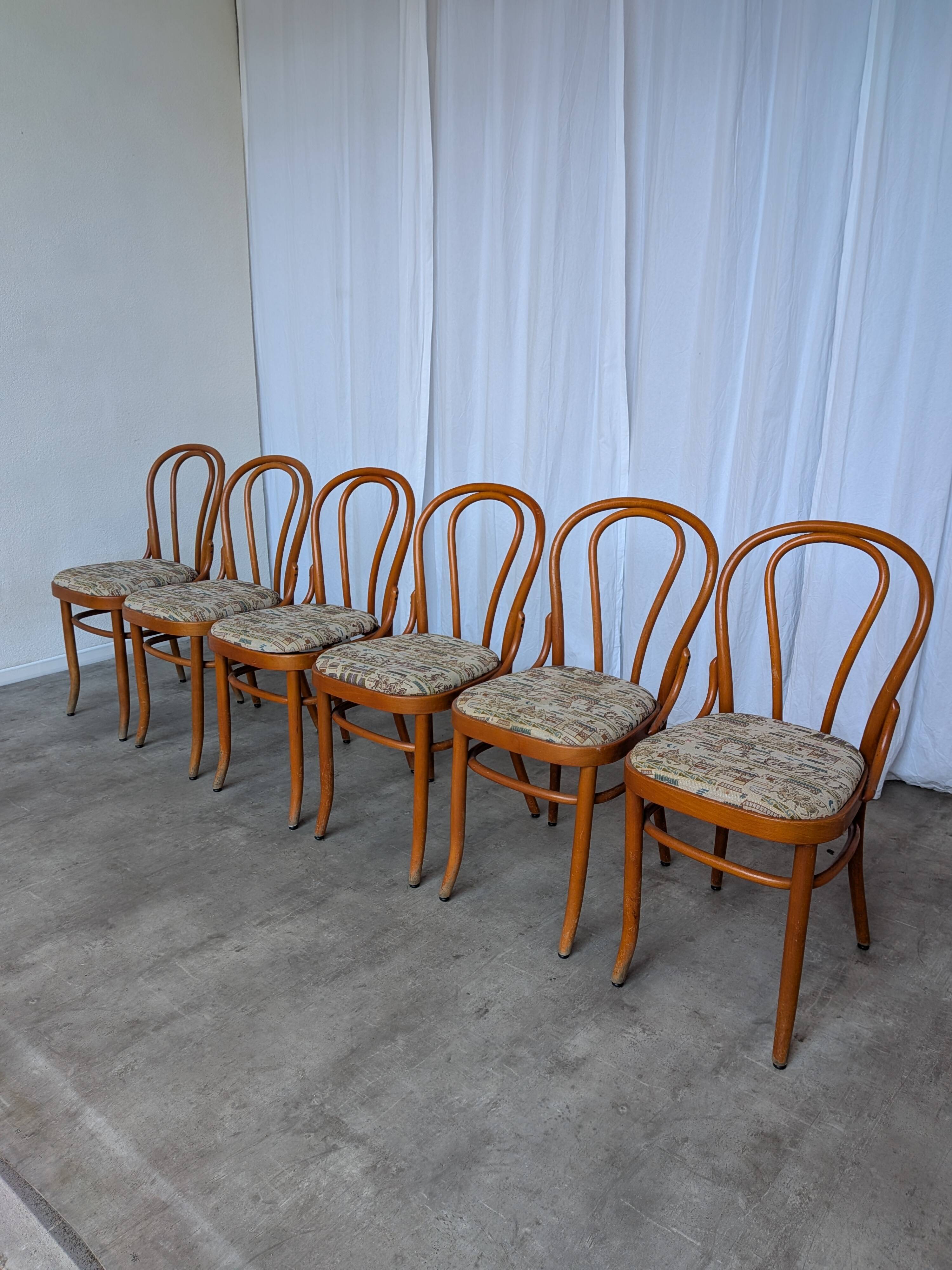 Ensemble de 6 chaises de salle à manger Thonet en bois courbé avec assise en tissu / Années 1970 Mid-Century Bistr