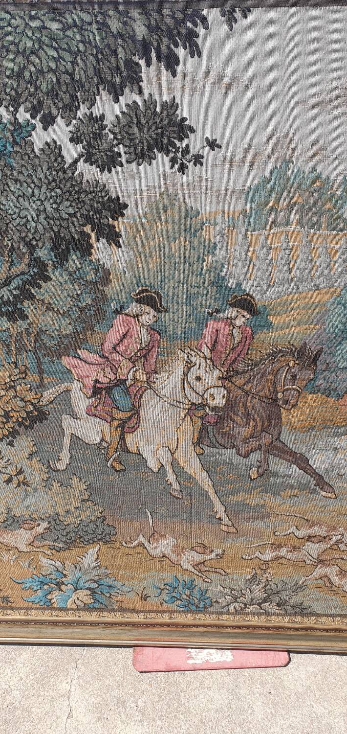 135x 137 cm Vintage framed wall tapestry gobelin horses