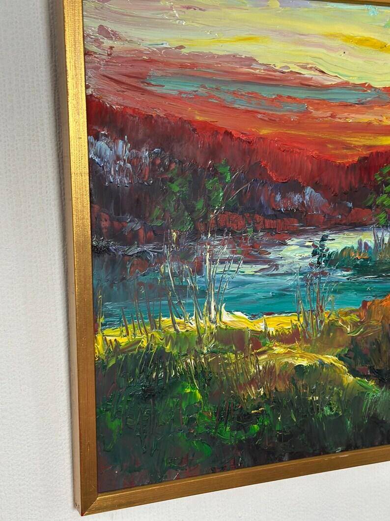 Huile su panneau suédoise "Murmures de la forêt" vintage et encadrée