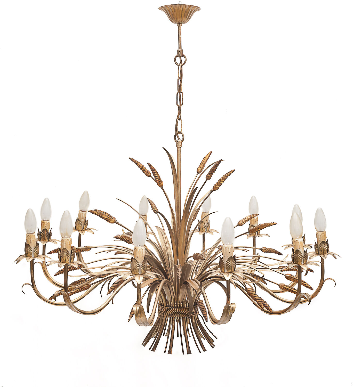 Pair of 12-burner wheat sheaf chandeliers by Hans Kogl