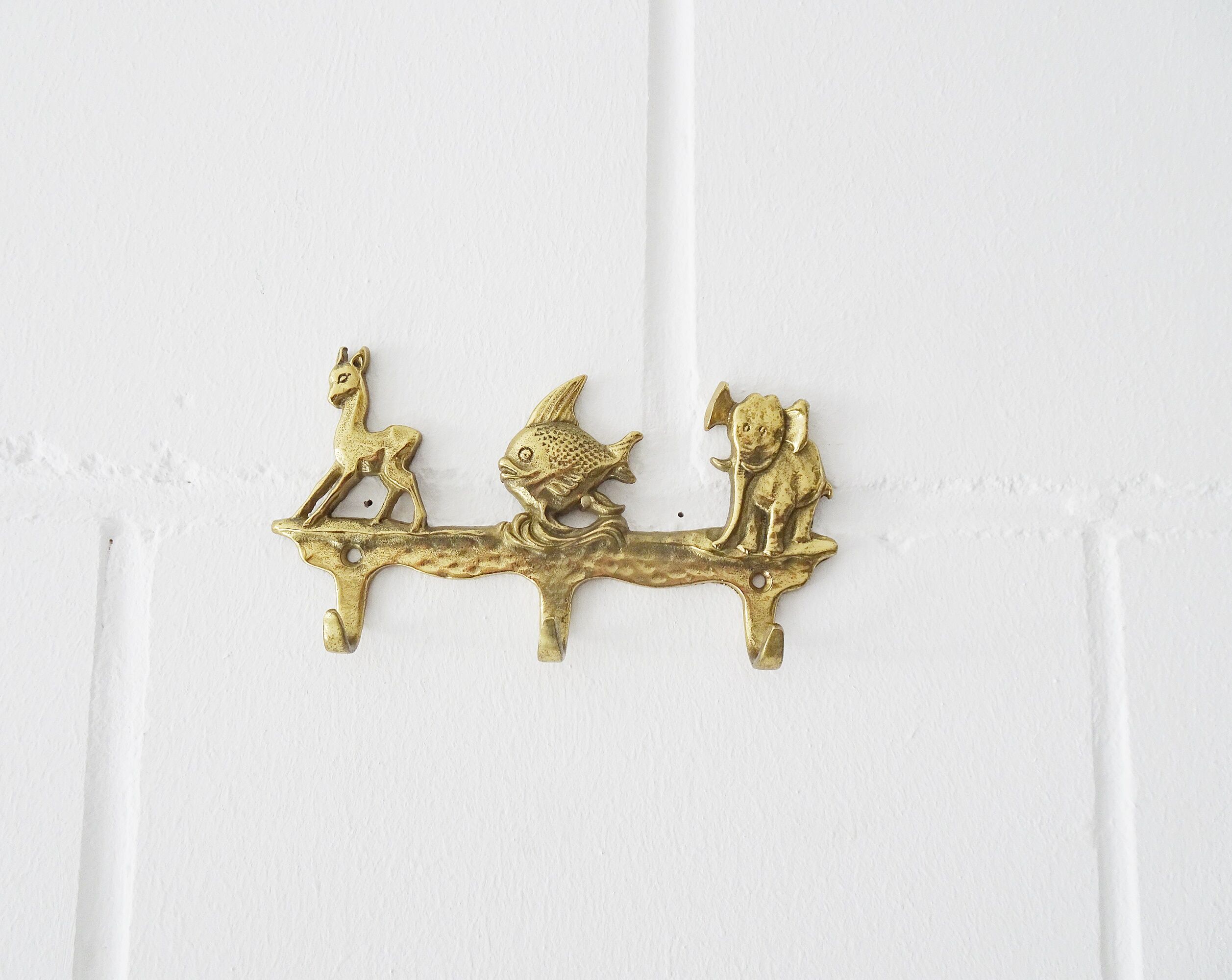 Brass coat rack with animal motif, wall hook children's room, key rack