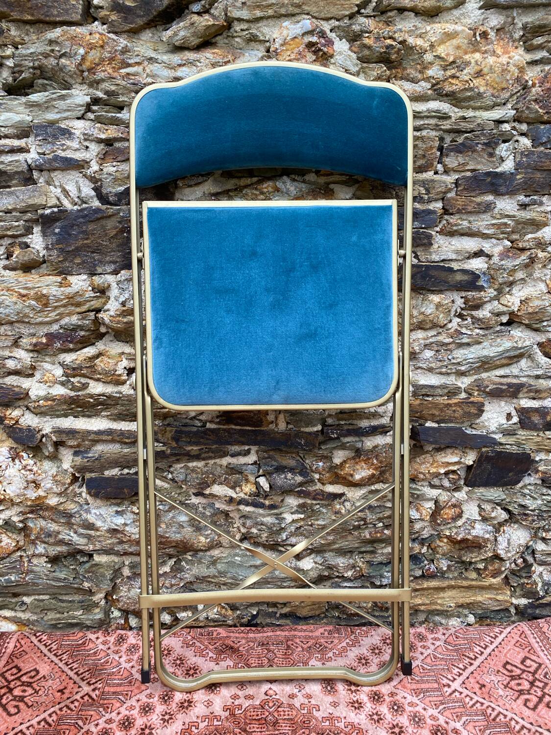 Folding chair in gold-tone metal and velvet, 1960s-70s