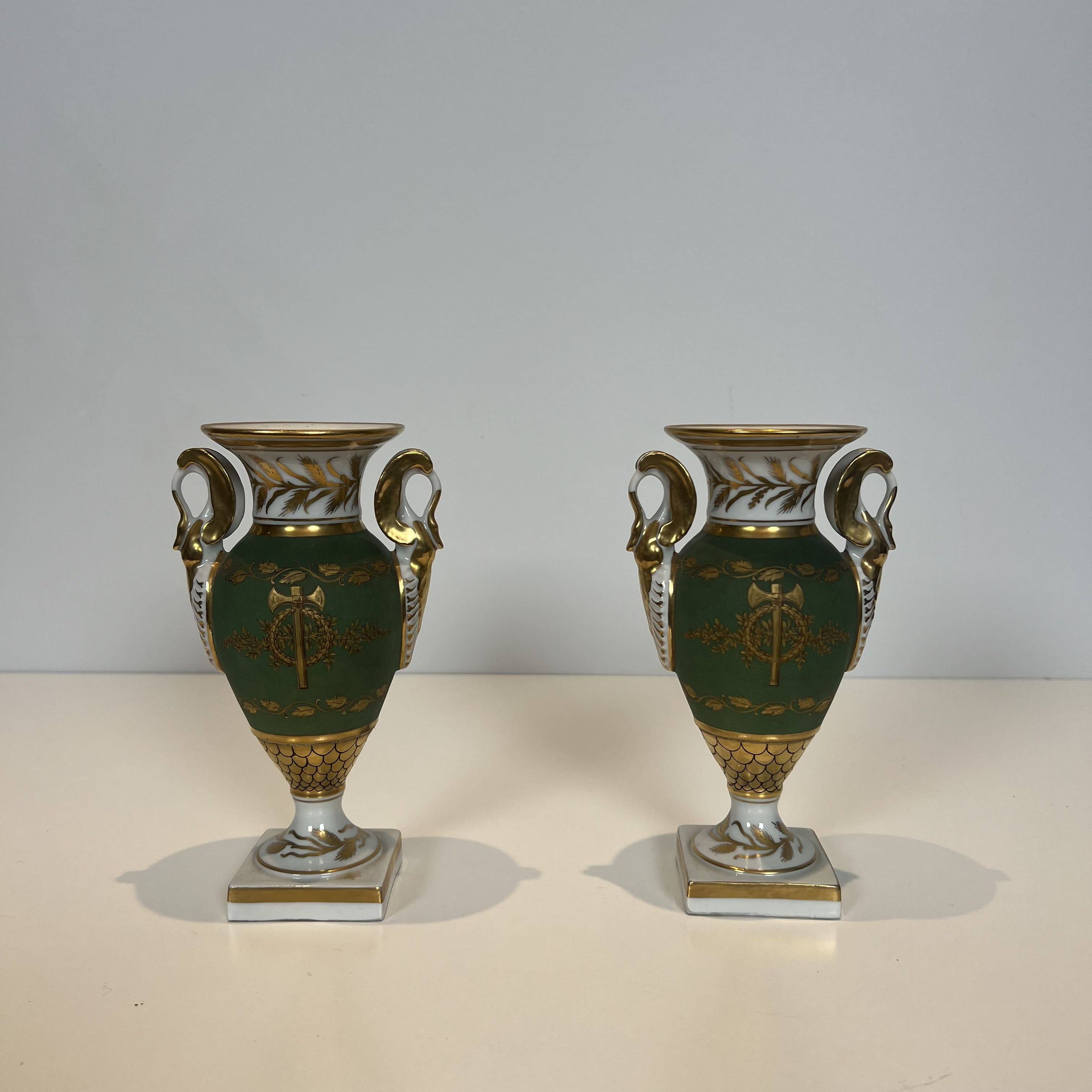 Pair of Empire Style Porcelain Vases, Decorated with Swans and Bundles
