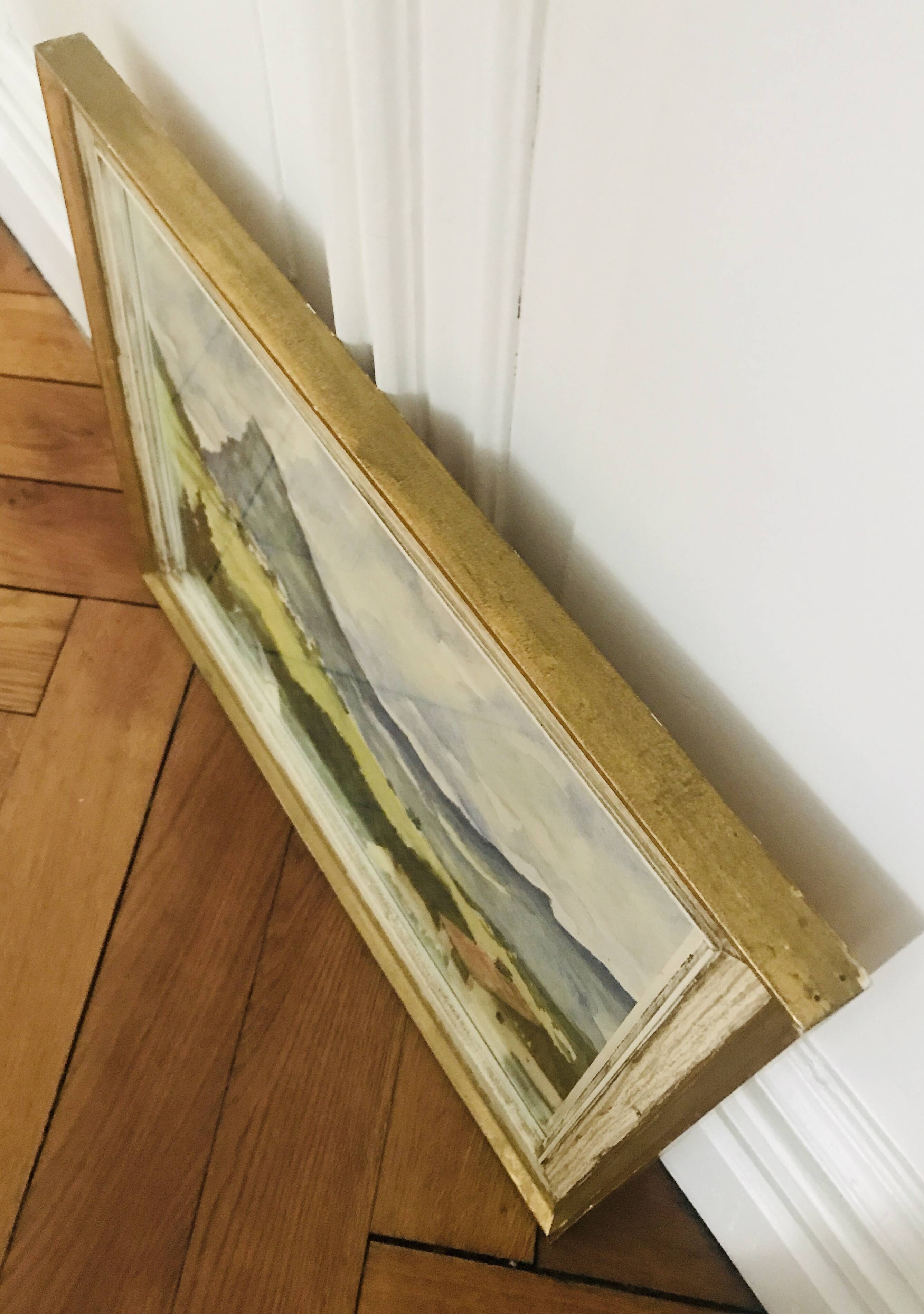 Watercolor framed under glass countryside landscape