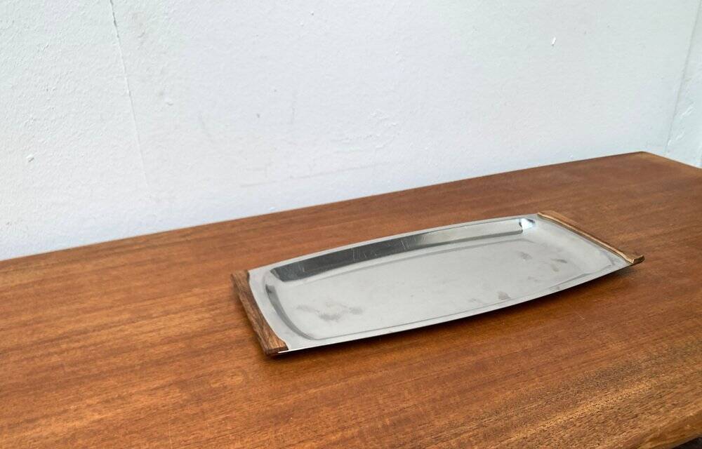 Danish stainless steel and teak plateau from the mid-century of Lundtofte, Denmark, 1960s.