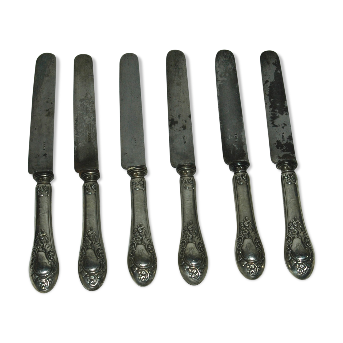 6 steel blade knives sleeves solid silver embossed punch minerve
