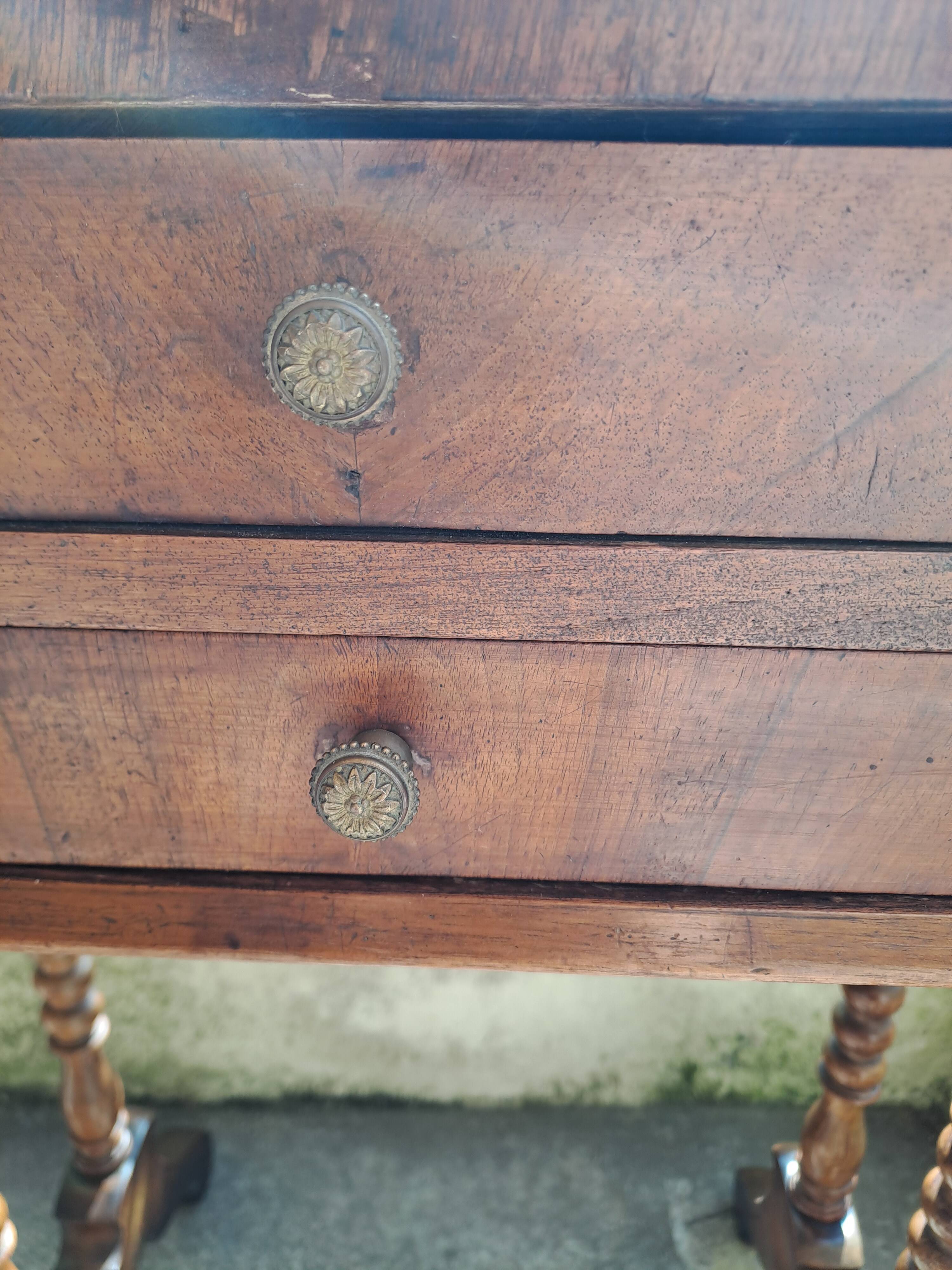 Console, side desk or dressing table in wood with marquetry top and 2 drawers