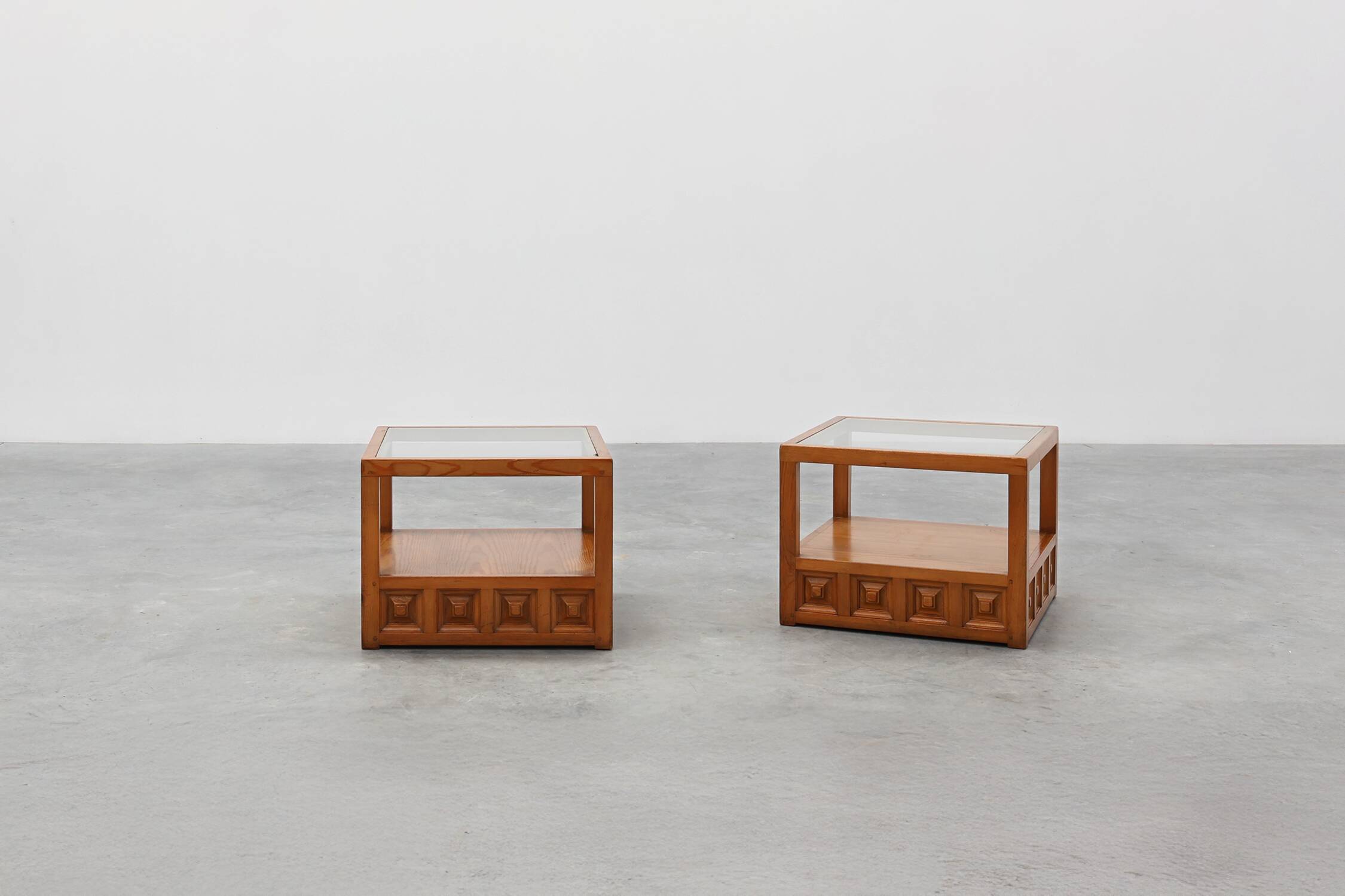 Pair geographical designed square Biosca coffee tables in pine wood, Spain