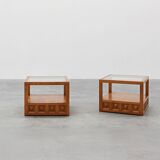 Pair geographical designed square Biosca coffee tables in pine wood, Spain