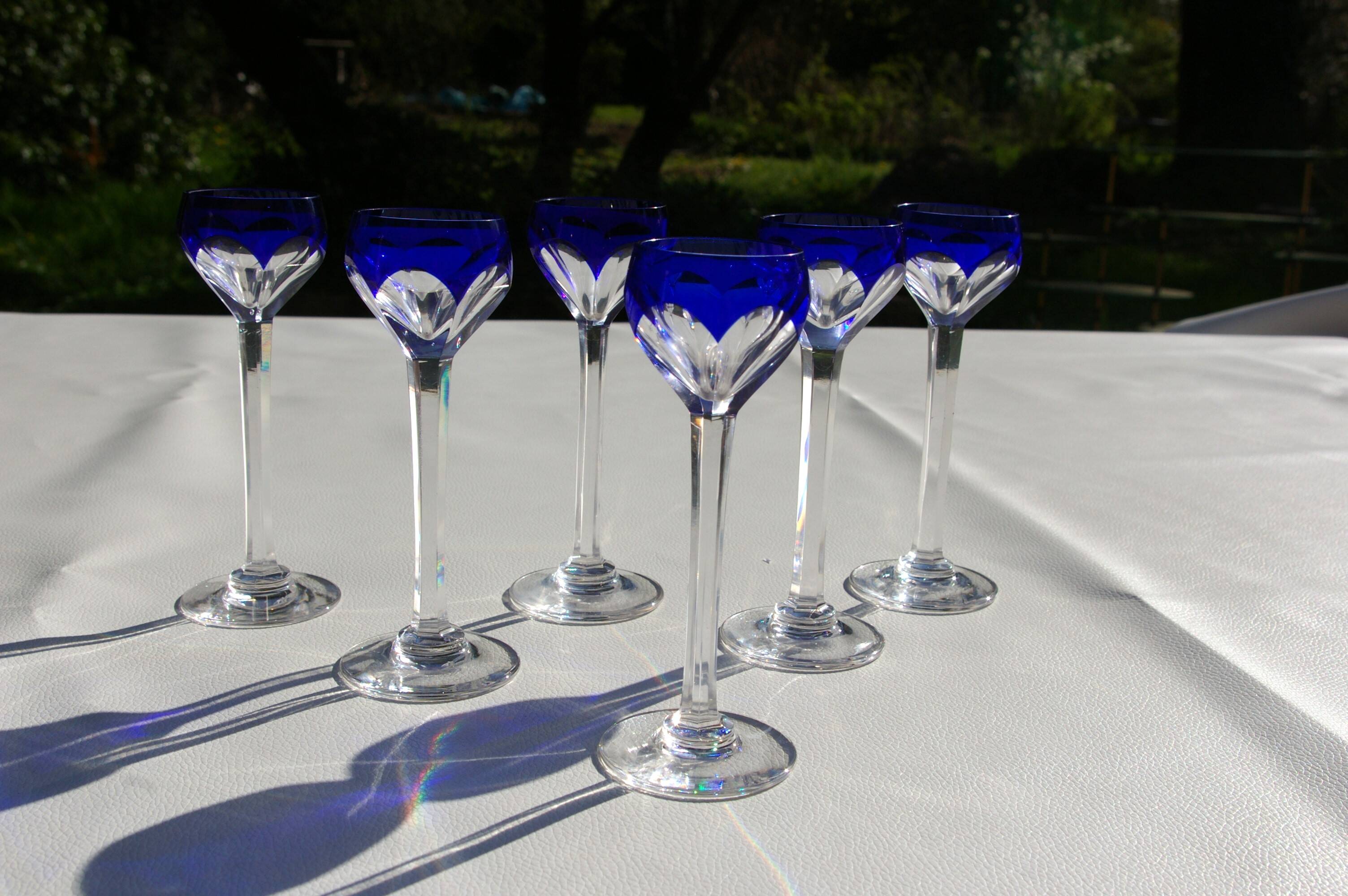 St. Louis BristoL pattern cut crystal liqueur set with blue overlay