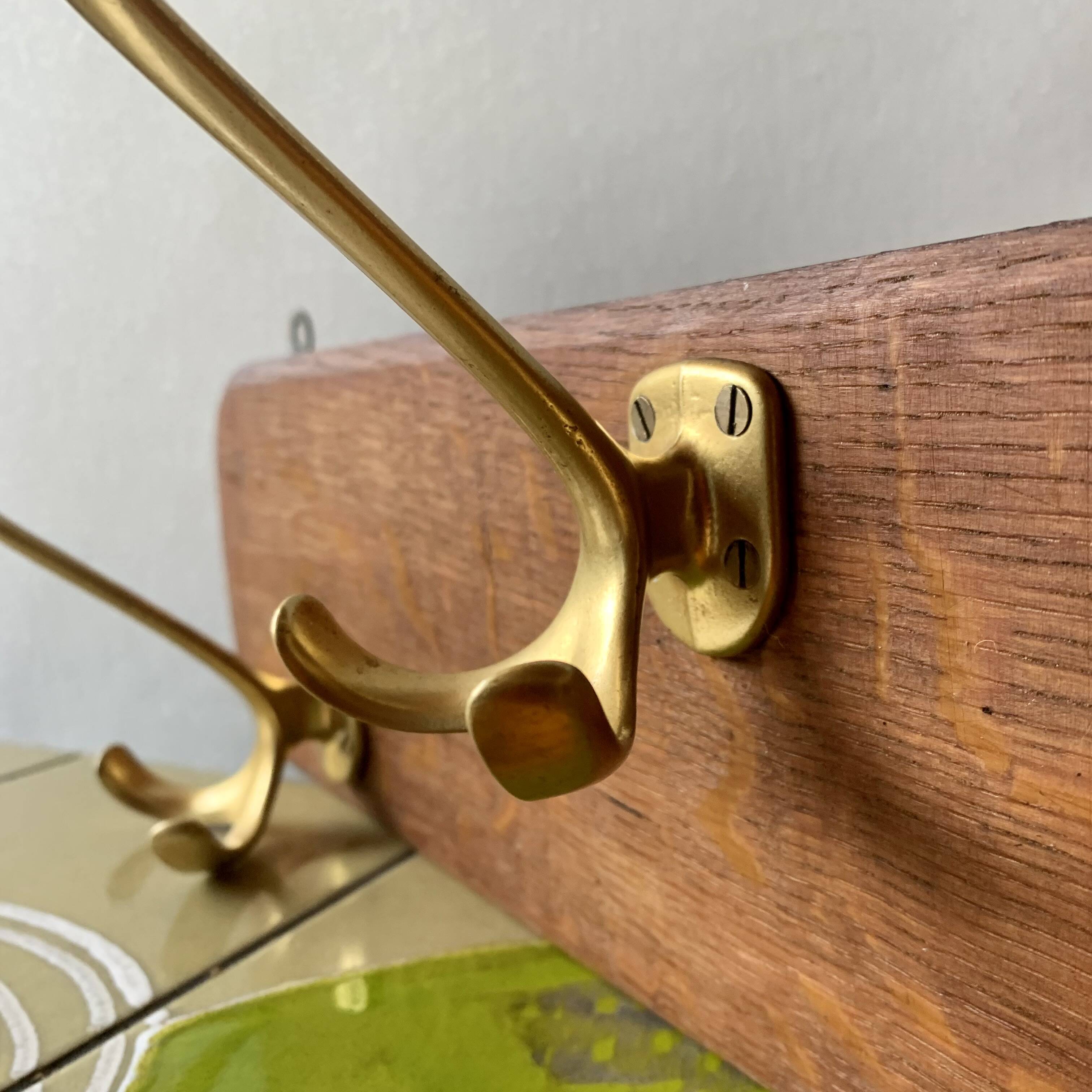 Vintage wooden wall coat rack with 4 double golden aluminum hooks