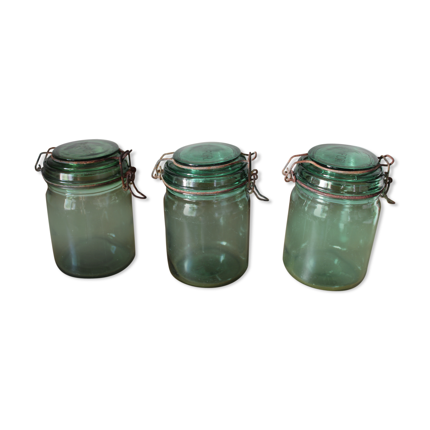 Lot of 3 green glass jars Durfort