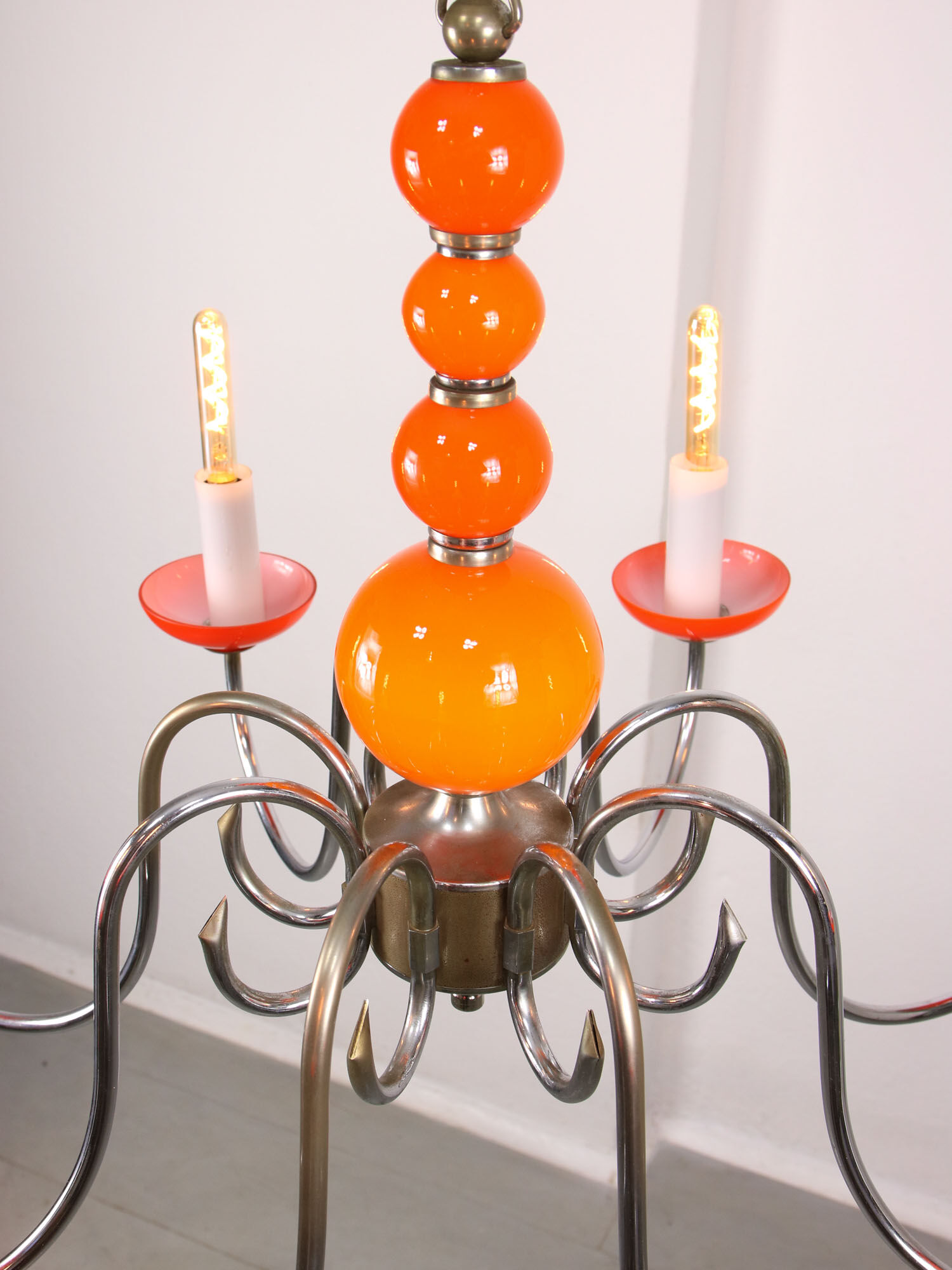 Lustre vintage orange Murano glass 8 bras