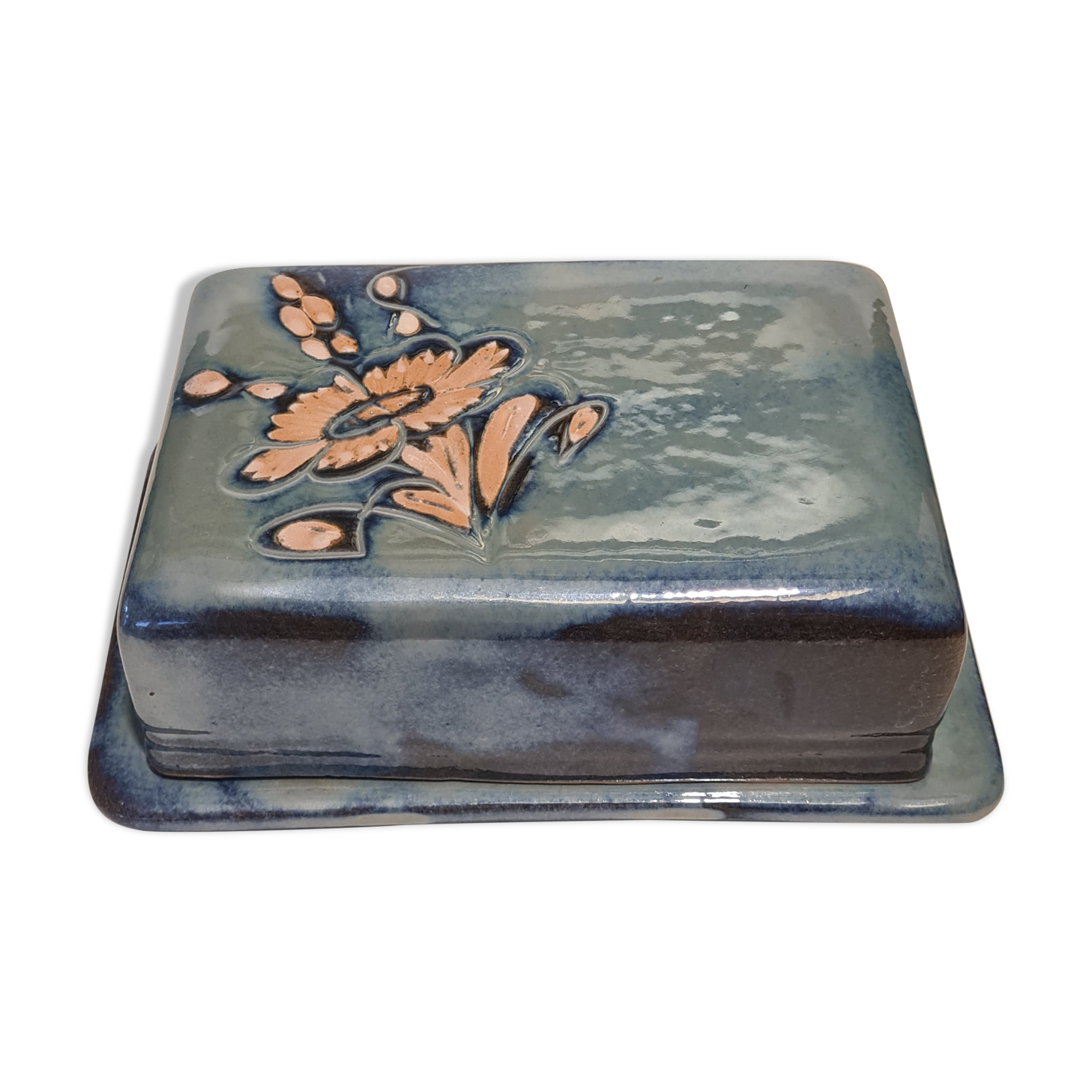 Butter blue earthenware Vallauris floral decoration