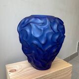Blue frosted crystal vase Cristallerie de haute Bretagne France