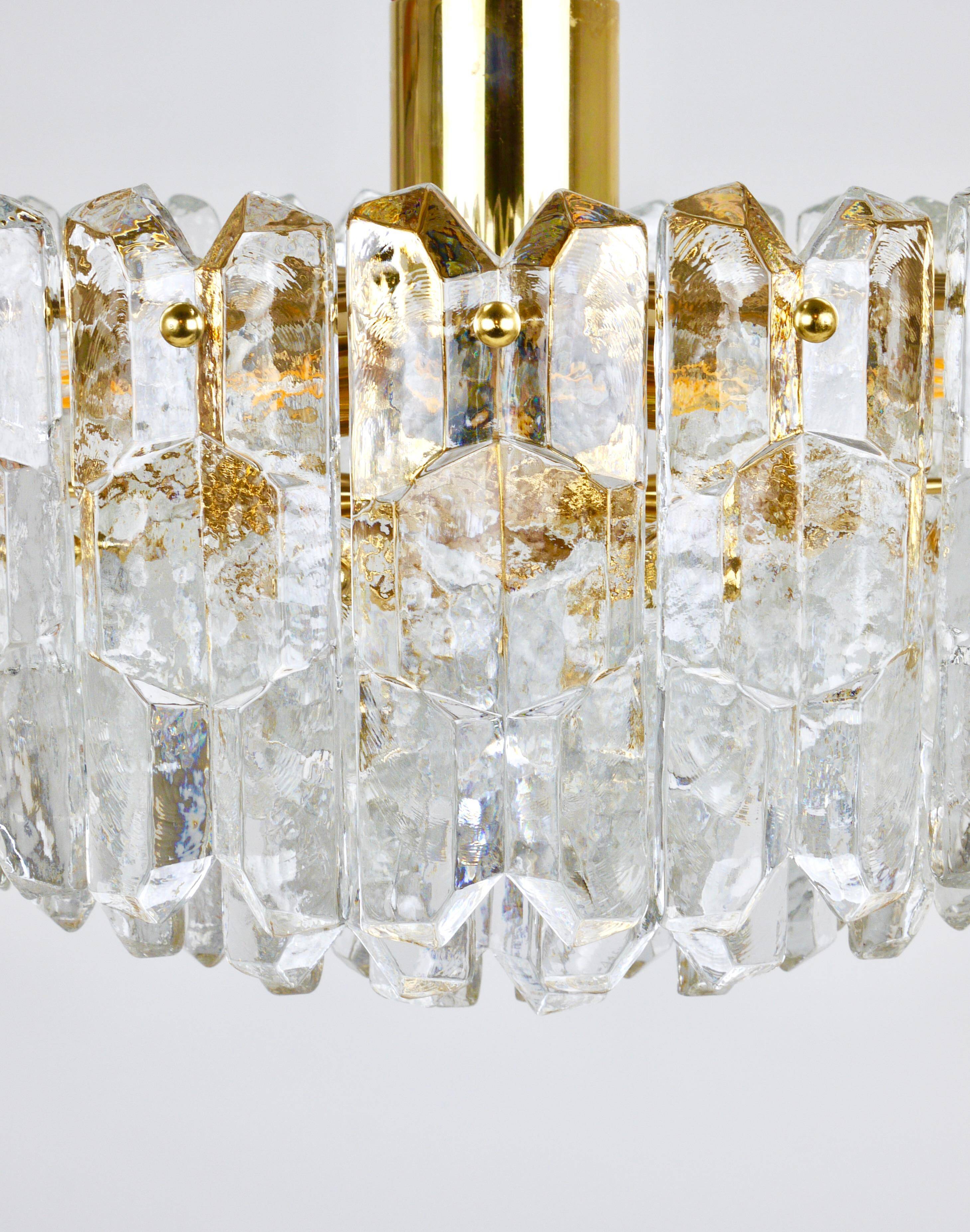 Large ceiling chandelier in gilded brass and glass Palazzo J.T. Kalmar, 1950s