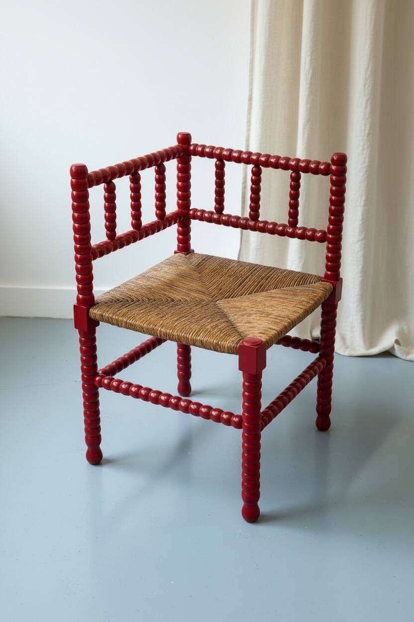 Red turned wood corner chair with rush seating