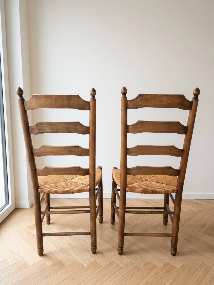 Set of 6 antique cherry wood chairs in ladder style.