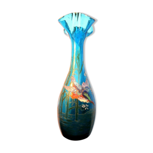 vase bleu émaillé legras, oiseau martin pêcheur et roseaux, col quadrilobé