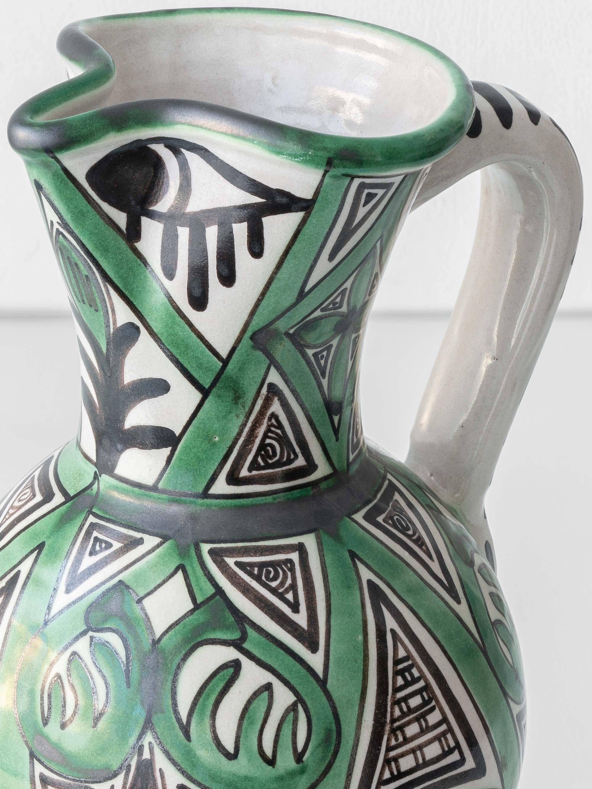 Spanish ceramic pitcher from the mid-century Mudéjar style in green and black, Punter.